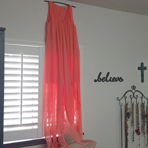 MICHAEL KORS Peachy Coral Chiffon-Like Sleeveless Feathery Flowy Hem Dress - Picture 10 of 10